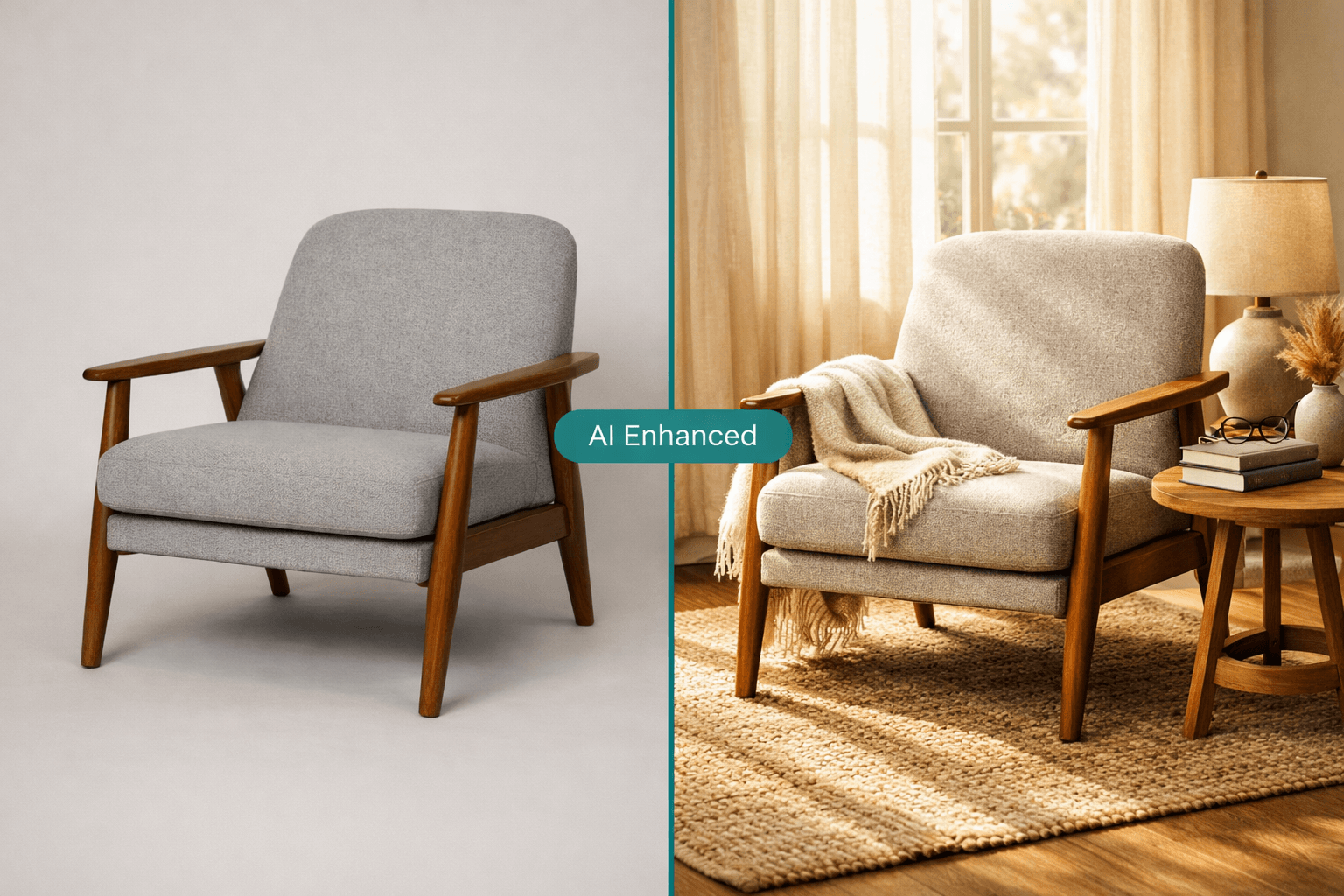 Before and after: TealTag AI transforms amateur product photos into editorial-quality imagery