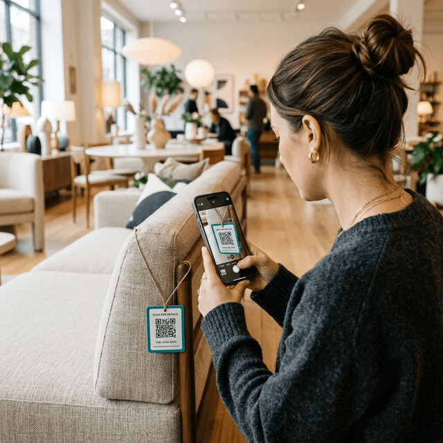 Shopper scanning a TealTag QR code with their phone in a showroom