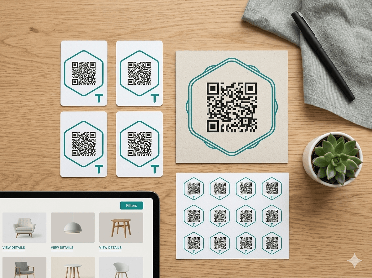 Premium TealTag QR labels and printable cards arranged on a workspace