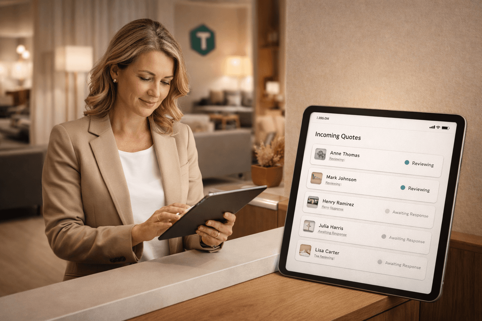 Showroom manager reviewing incoming quote requests on an iPad