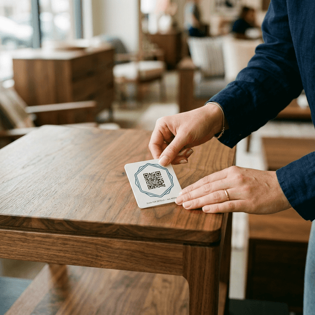 Retail associate attaching a TealTag QR label to premium furniture